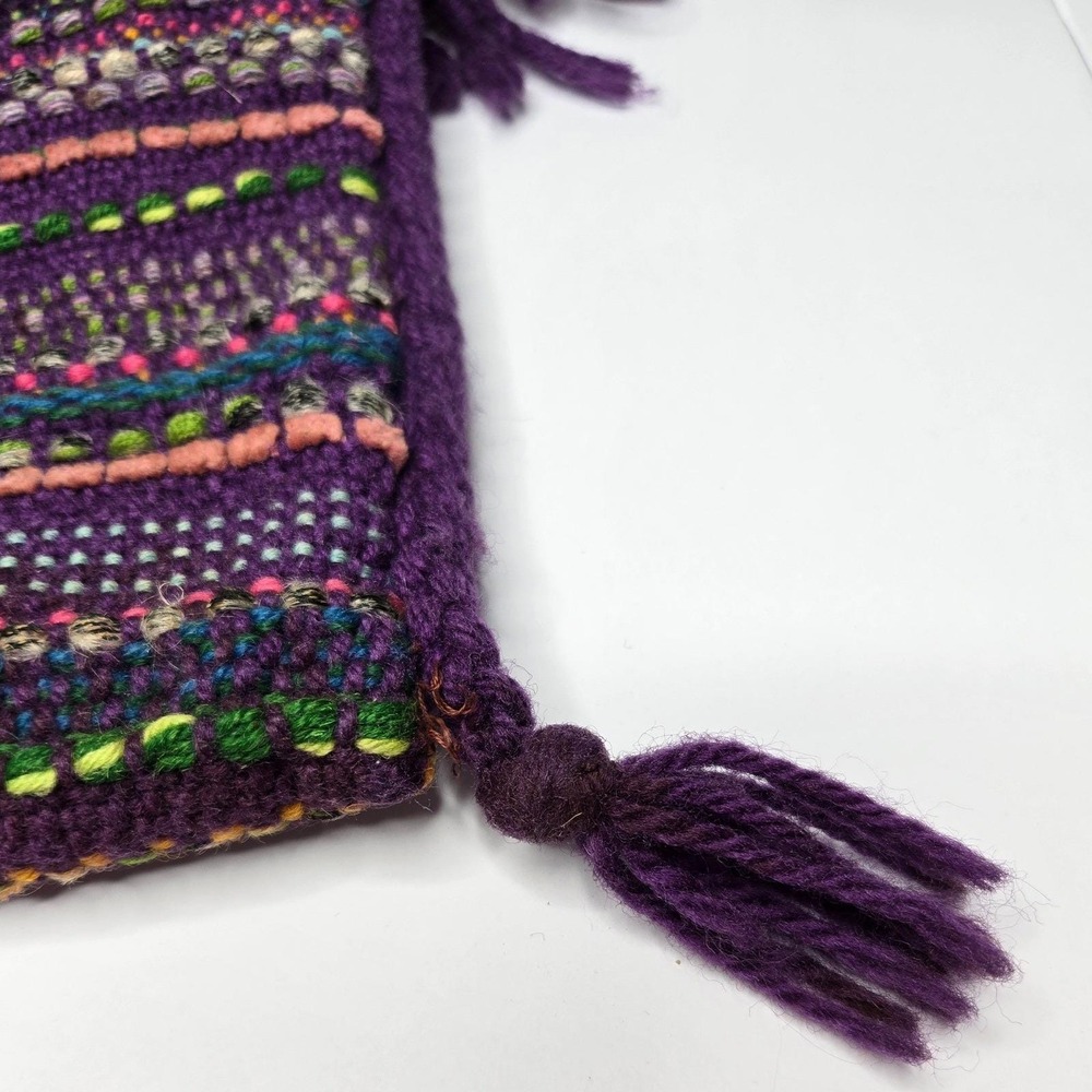 Vintage Hand Woven Purple Yarn Fringe Bag Nellie Burnham Boho Textile Purse 70s - Picture 8 of 14